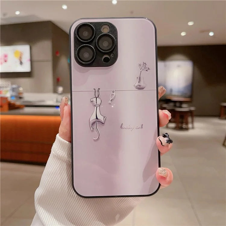 For iPhone 15 Pro Max Case Electroplated Cat Fish Back Shell Tempered Glass+TPU Phone Cover
