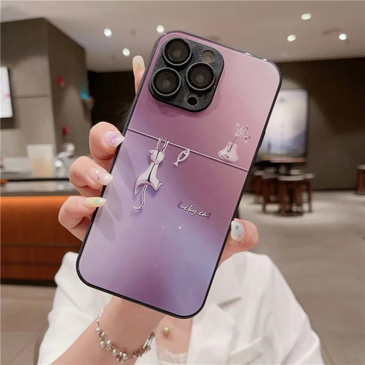 For iPhone 13 Pro Case Fall Proof Electroplated Cat Fish Tempered Glass+TPU Phone Cover