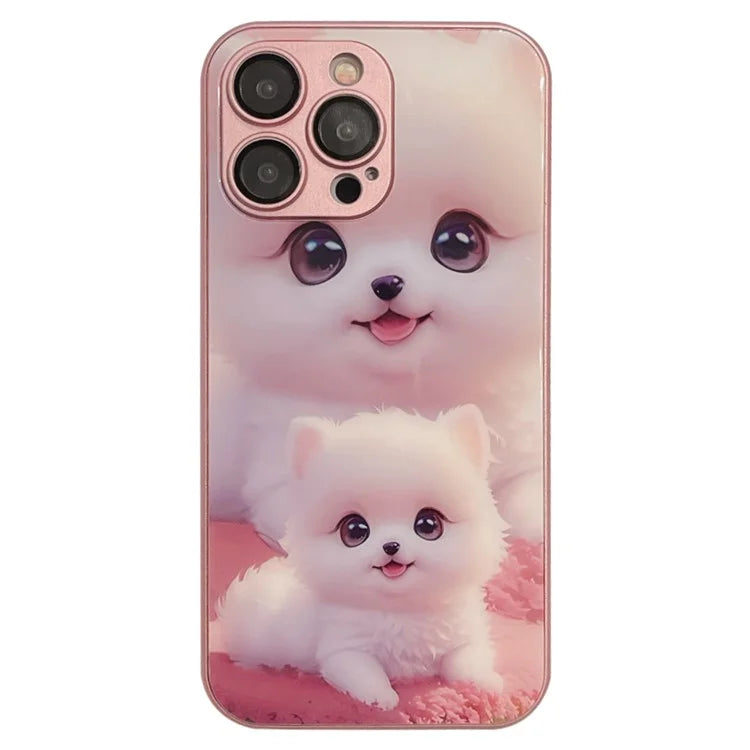 For iPhone 15 Pro Max Case Cute Dog Pattern Phone Cover Tempered Glass+TPU Shell