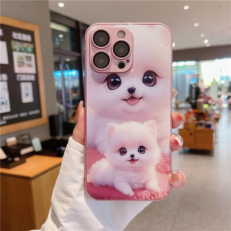 For iPhone 15 Pro Max Case Cute Dog Pattern Phone Cover Tempered Glass+TPU Shell