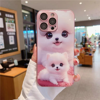 For iPhone 15 Pro Max Case Cute Dog Pattern Phone Cover Tempered Glass+TPU Shell