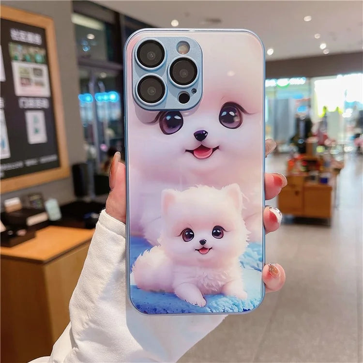 For iPhone 15 Pro Max Case Cute Dog Pattern Phone Cover Tempered Glass+TPU Shell