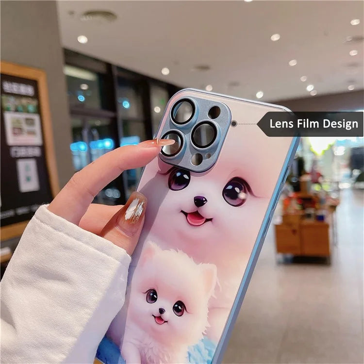 For iPhone 15 Pro Max Case Cute Dog Pattern Phone Cover Tempered Glass+TPU Shell