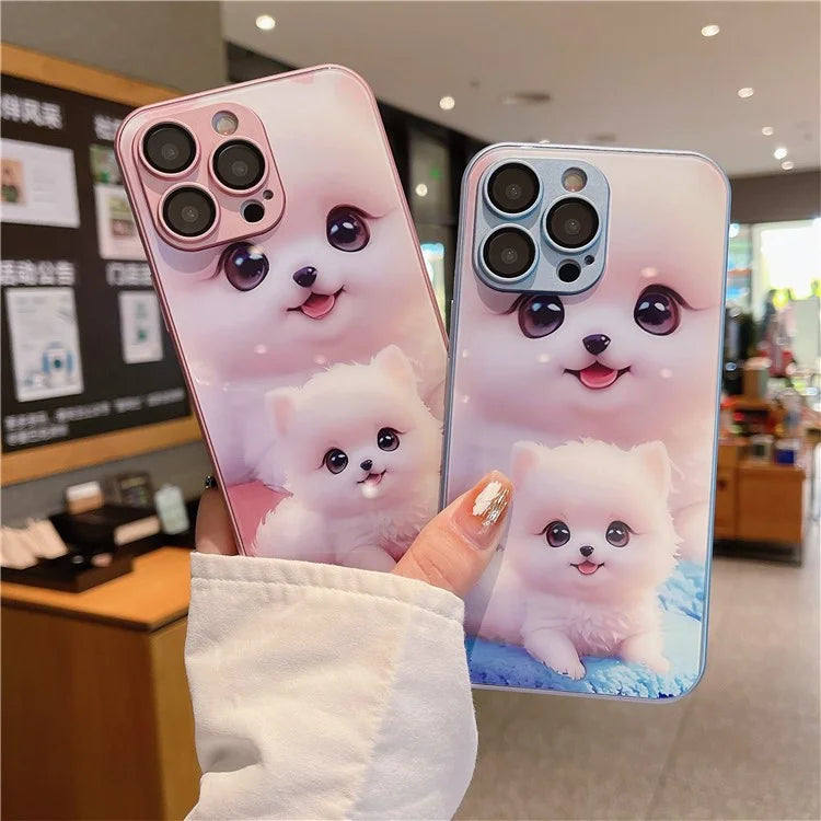 For iPhone 15 Pro Max Case Cute Dog Pattern Phone Cover Tempered Glass+TPU Shell