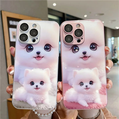 For iPhone 15 Pro Max Case Cute Dog Pattern Phone Cover Tempered Glass+TPU Shell