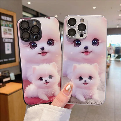 For iPhone 15 Pro Max Case Cute Dog Pattern Phone Cover Tempered Glass+TPU Shell
