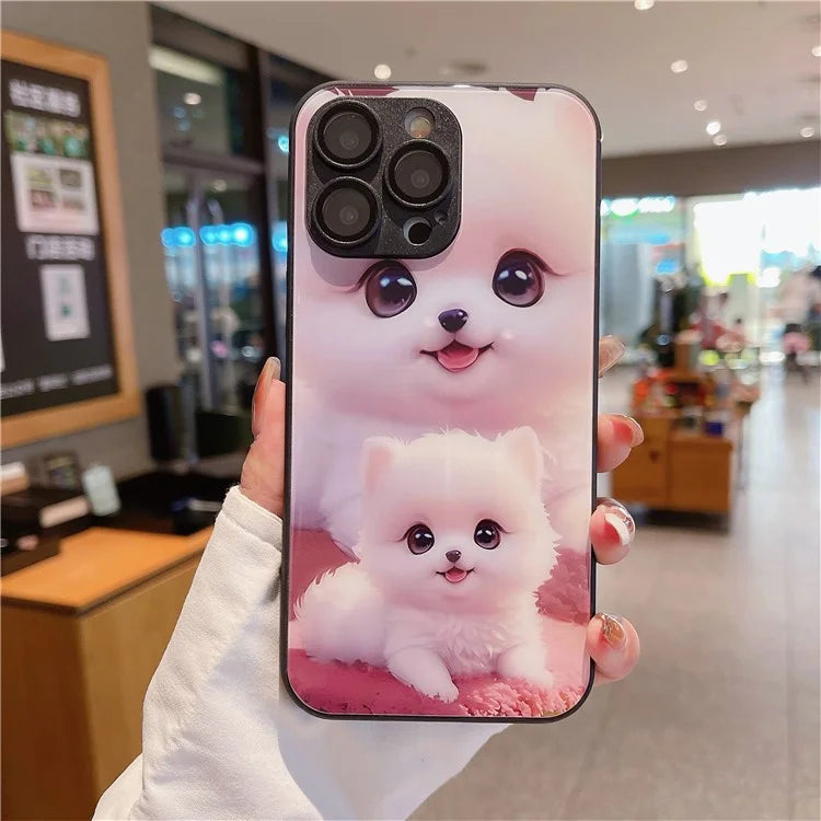 For iPhone 15 Pro Max Case Cute Dog Pattern Phone Cover Tempered Glass+TPU Shell