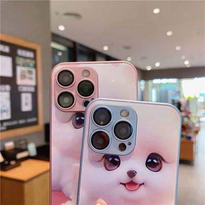 For iPhone 15 Pro Max Case Cute Dog Pattern Phone Cover Tempered Glass+TPU Shell