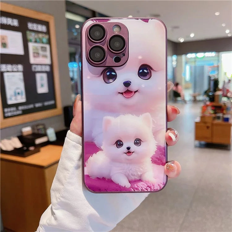 For iPhone 15 Pro Max Case Cute Dog Pattern Phone Cover Tempered Glass+TPU Shell