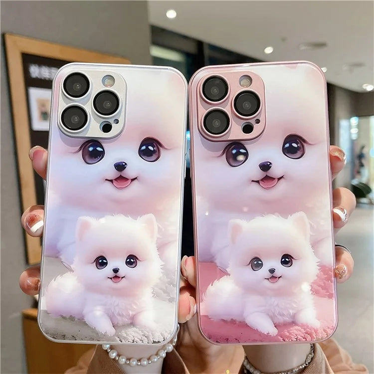 For iPhone 15 Pro Max Case Cute Dog Pattern Phone Cover Tempered Glass+TPU Shell