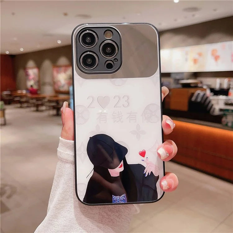 For iPhone 15 Pro Case Pattern TPU+Tempered Glass Hybrid Phone Cover