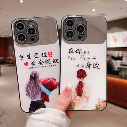 For iPhone 15 Pro Max Tempered Glass Back Cover Pattern Printing Makeup Mirror Phone Case
