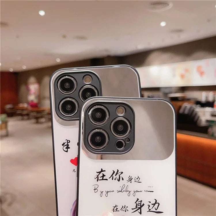For iPhone 15 Pro Max Tempered Glass Back Cover Pattern Printing Makeup Mirror Phone Case