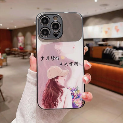 For iPhone 15 Pro Max Tempered Glass Back Cover Pattern Printing Makeup Mirror Phone Case