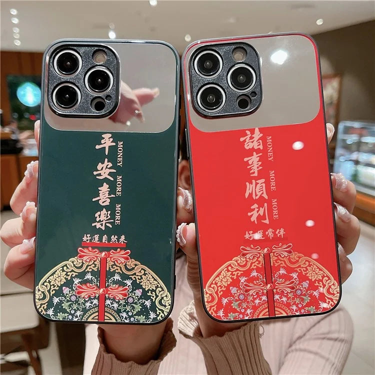 For iPhone 14 Pro Max Case TPU+Tempered Glass Makeup Mirror Back Cover