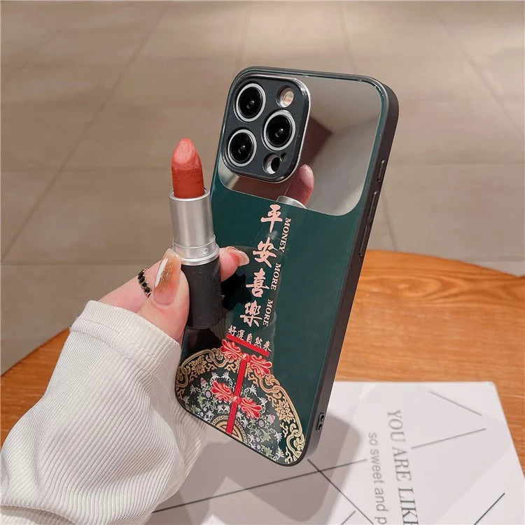 For iPhone 14 Pro Max Case TPU+Tempered Glass Makeup Mirror Back Cover
