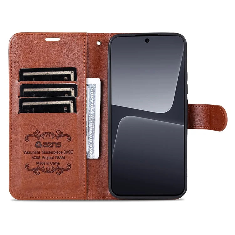 AZNS PU Leather Phone Shell for Xiaomi 14 Pro Case Anti-scratch Wallet Magnetic Phone Cover