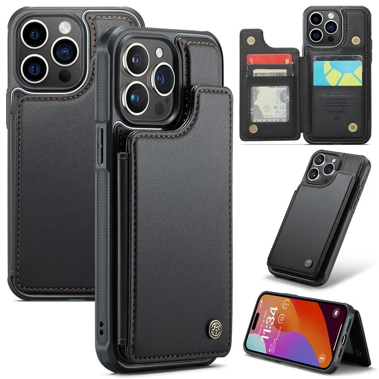 CASEME C22 Series for iPhone 15 Pro Kickstand Case Card Holder Glossy Phone Cover