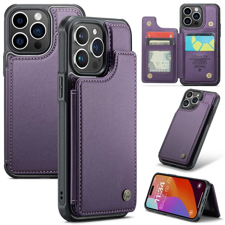 CASEME C22 Series for iPhone 15 Pro Kickstand Case Card Holder Glossy Phone Cover