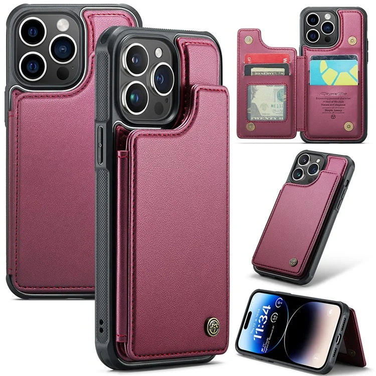CASEME C22 Series for iPhone 14 Pro Case Card Holder Leather Coated TPU Phone Cover
