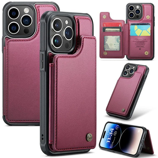 CASEME C22 Series for iPhone 14 Pro Case Card Holder Leather Coated TPU Phone Cover