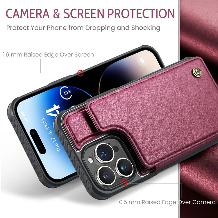 CASEME C22 Series for iPhone 14 Pro Case Card Holder Leather Coated TPU Phone Cover
