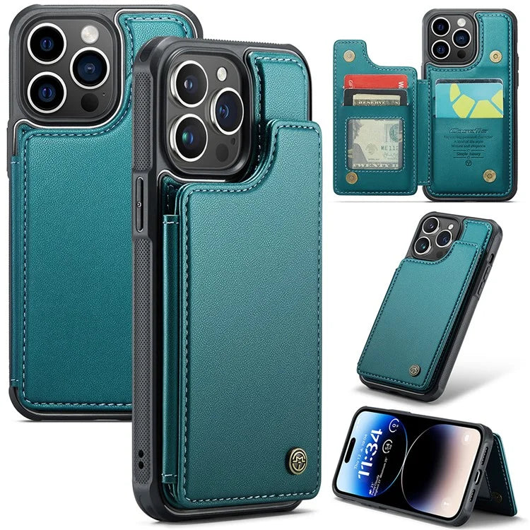 CASEME C22 Series for iPhone 14 Pro Case Card Holder Leather Coated TPU Phone Cover