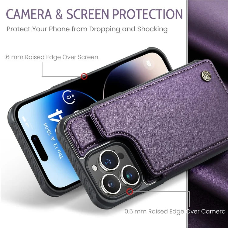 CASEME C22 Series for iPhone 14 Pro Case Card Holder Leather Coated TPU Phone Cover