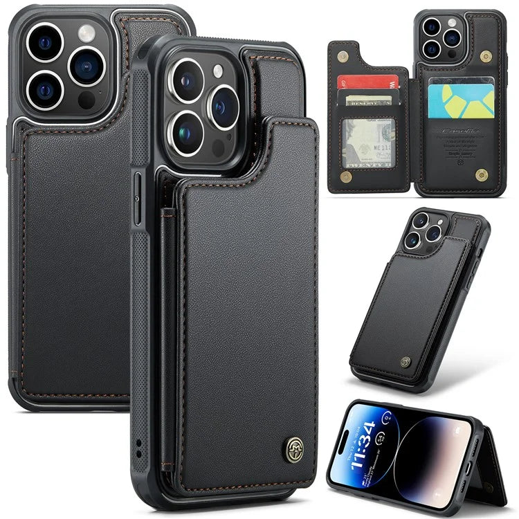 CASEME C22 Series for iPhone 14 Pro Case Card Holder Leather Coated TPU Phone Cover