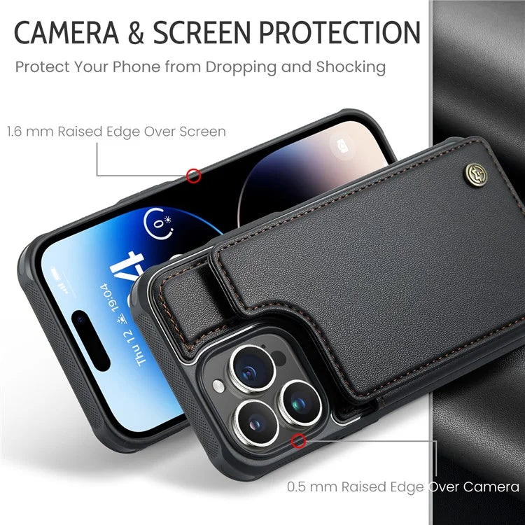 CASEME C22 Series for iPhone 14 Pro Case Card Holder Leather Coated TPU Phone Cover