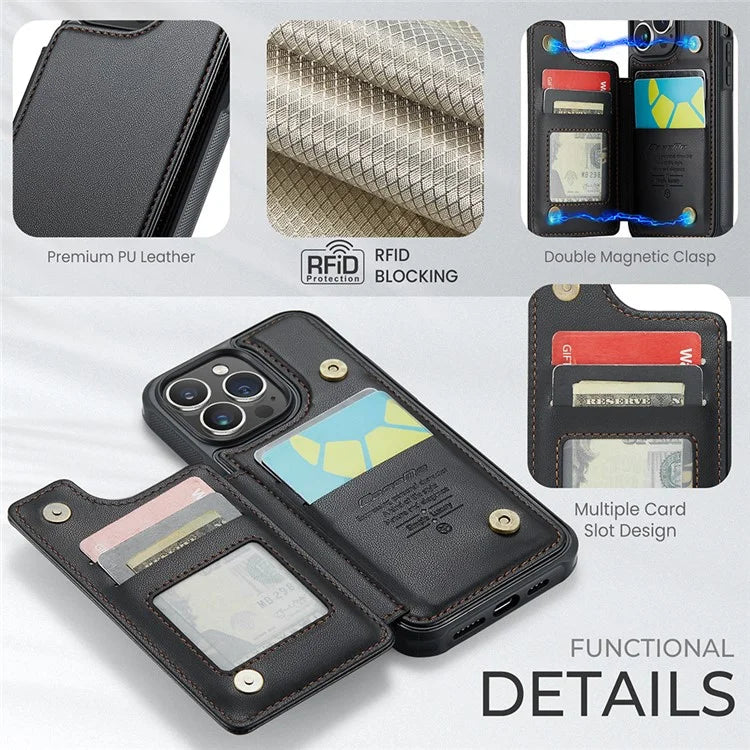 CASEME C22 Series for iPhone 14 Pro Case Card Holder Leather Coated TPU Phone Cover