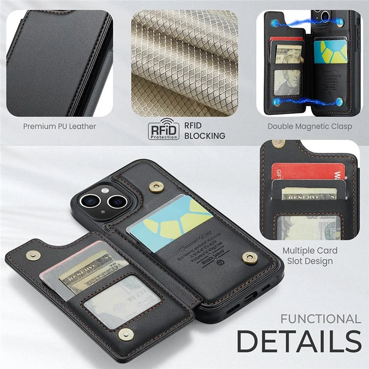 CASEME C22 Series for iPhone 14 Case RFID Blocking Kickstand Cover with 4 Card Slots