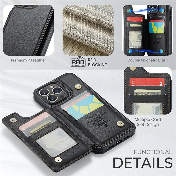 CASEME C22 Series for iPhone 13 Pro Max 6.7 inch Case PU+TPU Kickstand RFID Blocking Phone Cover