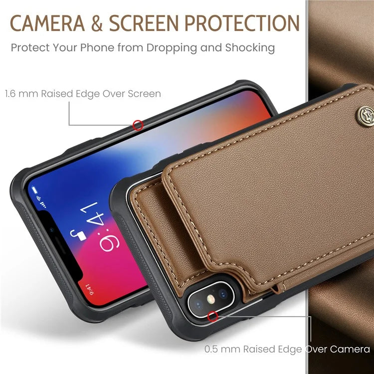 CASEME C22 Series for iPhone X / XS Case 4 Card Slots Litchi Texture Kickstand Phone Cover