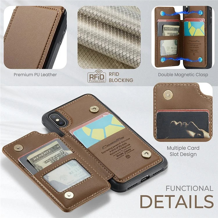 CASEME C22 Series for iPhone X / XS Case 4 Card Slots Litchi Texture Kickstand Phone Cover
