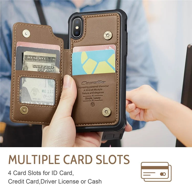 CASEME C22 Series for iPhone X / XS Case 4 Card Slots Litchi Texture Kickstand Phone Cover