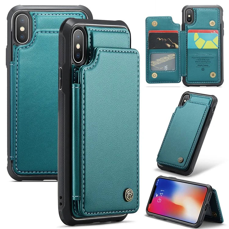 CASEME C22 Series for iPhone X / XS Case 4 Card Slots Litchi Texture Kickstand Phone Cover