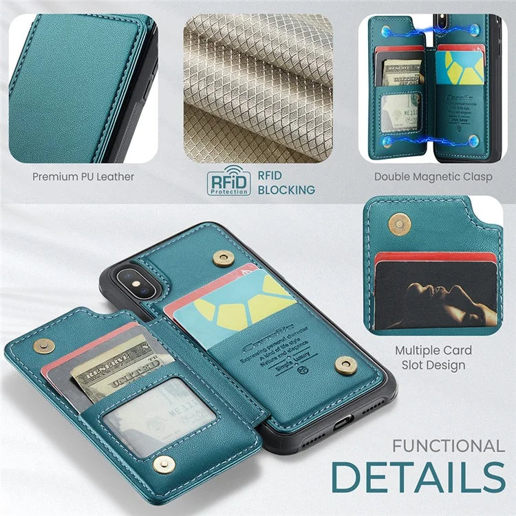 CASEME C22 Series for iPhone X / XS Case 4 Card Slots Litchi Texture Kickstand Phone Cover
