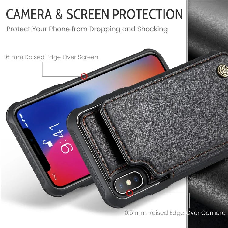 CASEME C22 Series for iPhone X / XS Case 4 Card Slots Litchi Texture Kickstand Phone Cover