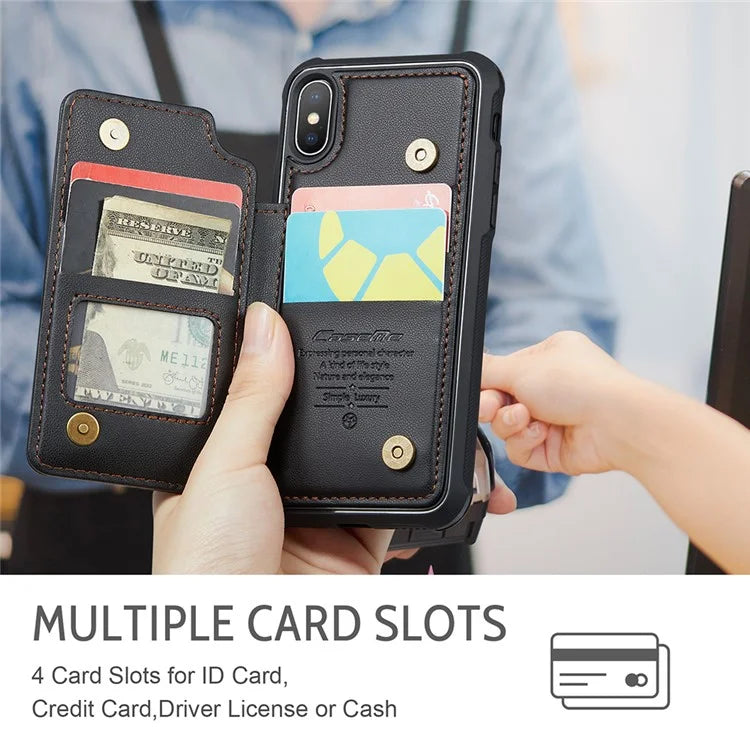 CASEME C22 Series for iPhone X / XS Case 4 Card Slots Litchi Texture Kickstand Phone Cover