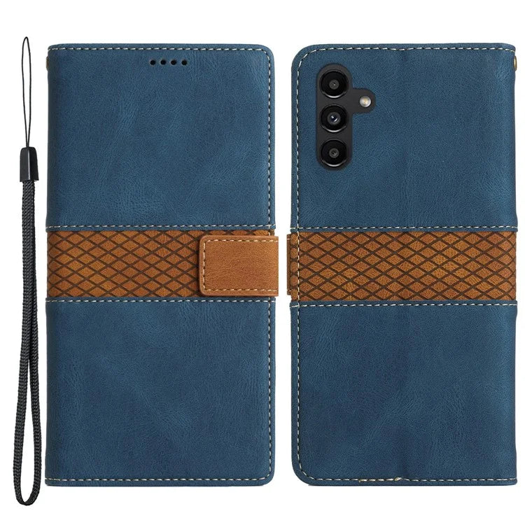 PU Leather Phone Shell for Samsung Galaxy S24+ Case Stand Grid Splicing Phone Cover with Strap