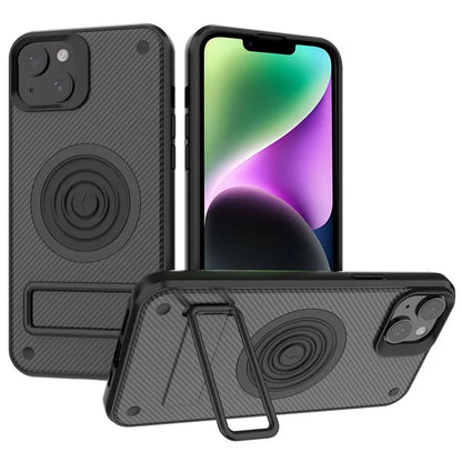 For iPhone 14 Case Carbon Fiber Texture Kickstand PC+TPU Magnetic Phone Cover