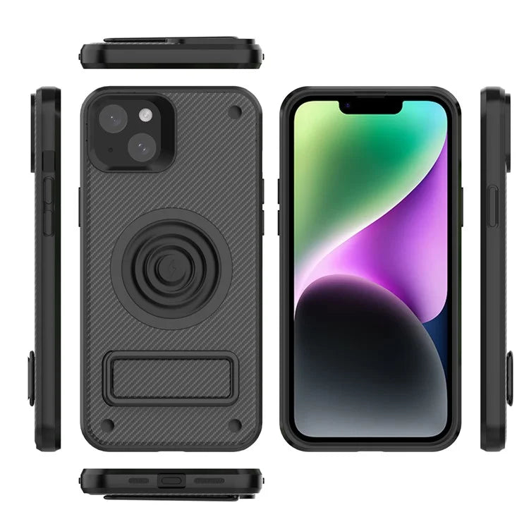 For iPhone 14 Case Carbon Fiber Texture Kickstand PC+TPU Magnetic Phone Cover