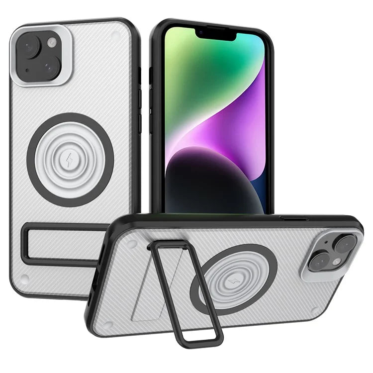 For iPhone 14 Case Carbon Fiber Texture Kickstand PC+TPU Magnetic Phone Cover