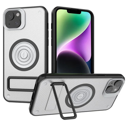 For iPhone 14 Case Carbon Fiber Texture Kickstand PC+TPU Magnetic Phone Cover
