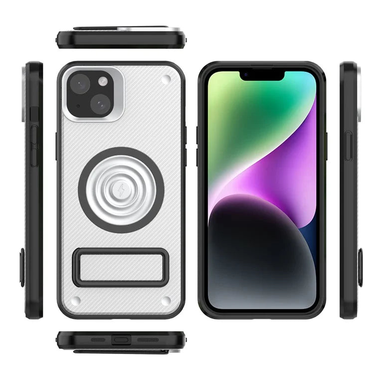 For iPhone 14 Case Carbon Fiber Texture Kickstand PC+TPU Magnetic Phone Cover