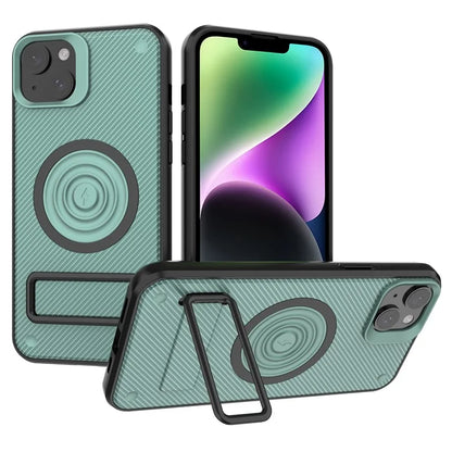 For iPhone 14 Case Carbon Fiber Texture Kickstand PC+TPU Magnetic Phone Cover