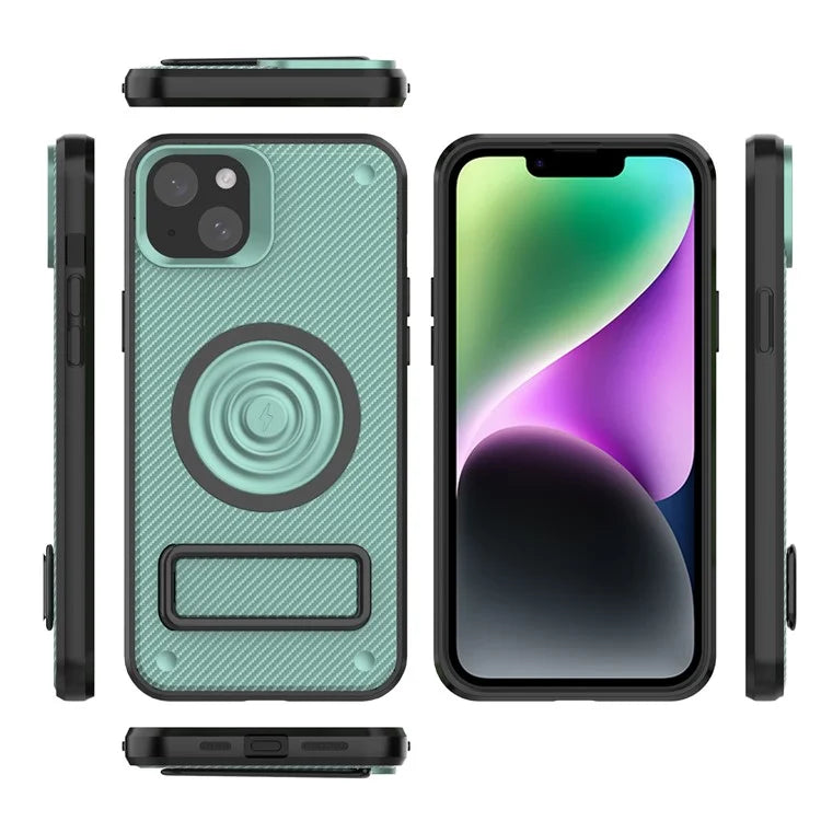 For iPhone 14 Case Carbon Fiber Texture Kickstand PC+TPU Magnetic Phone Cover