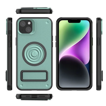 For iPhone 14 Case Carbon Fiber Texture Kickstand PC+TPU Magnetic Phone Cover