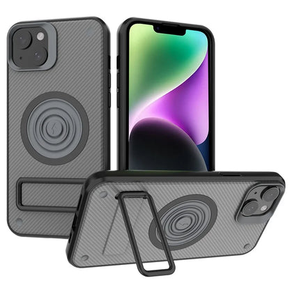For iPhone 14 Case Carbon Fiber Texture Kickstand PC+TPU Magnetic Phone Cover